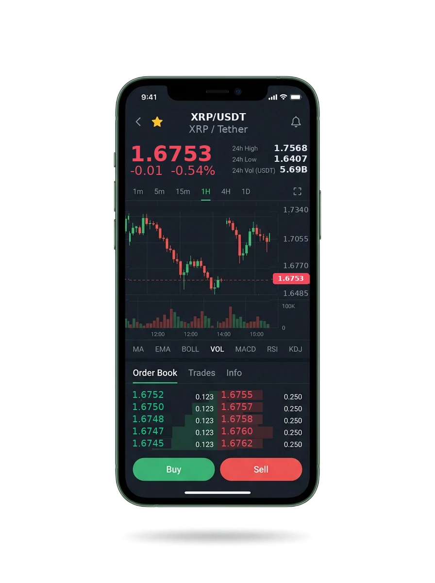 Vexorinixia — BTC/USDT live candlestick chart, order book and one-tap Buy/Sell on mobile